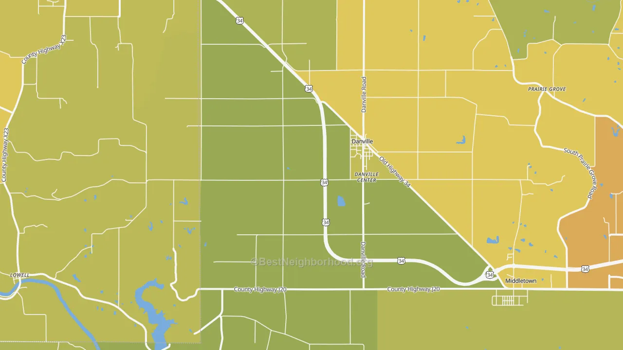Map of the best neighborhoods in the Danville area, with better matches in green and worse matches in red