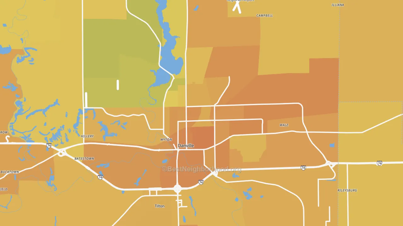 Map of the best neighborhoods in the Danville area, with better matches in green and worse matches in red