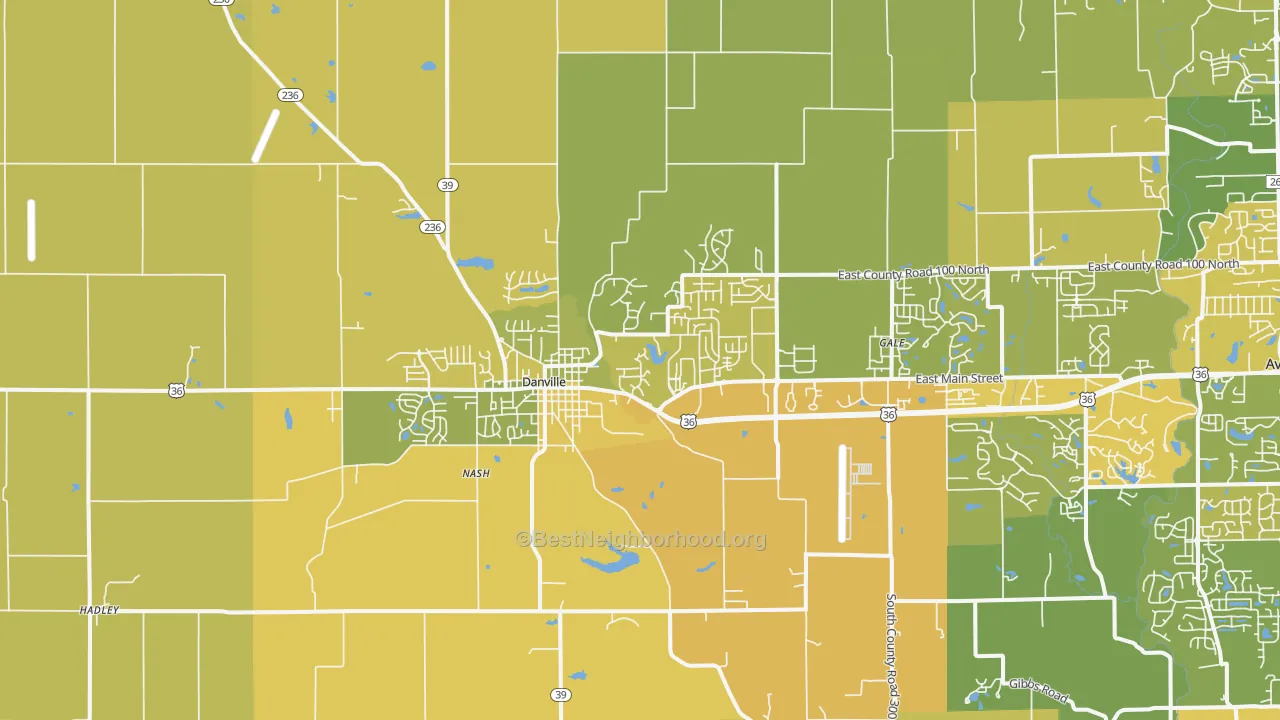 Map of the best neighborhoods in the Danville area, with better matches in green and worse matches in red