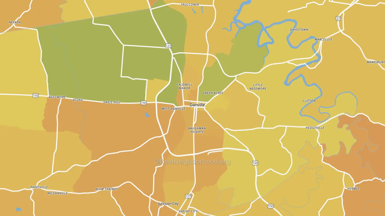 Map of the best neighborhoods in the Danville area, with better matches in green and worse matches in red