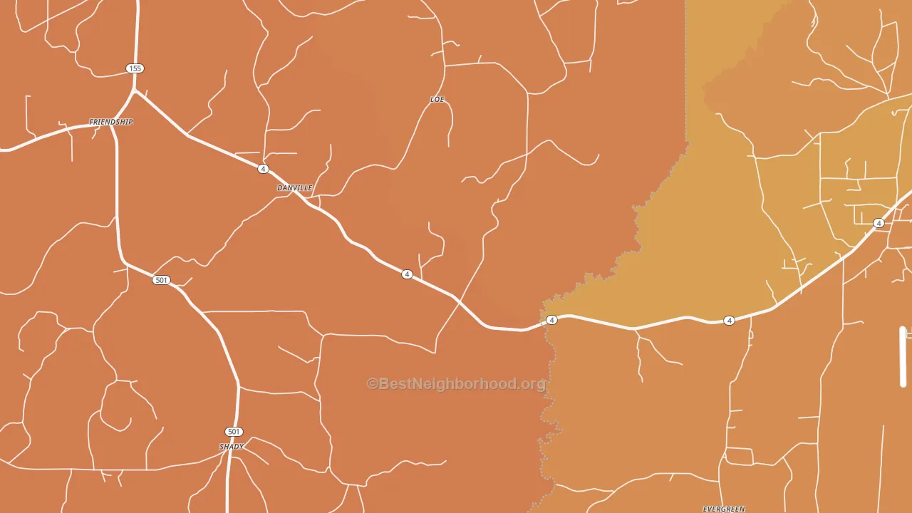 Map of the best neighborhoods in the Danville area, with better matches in green and worse matches in red