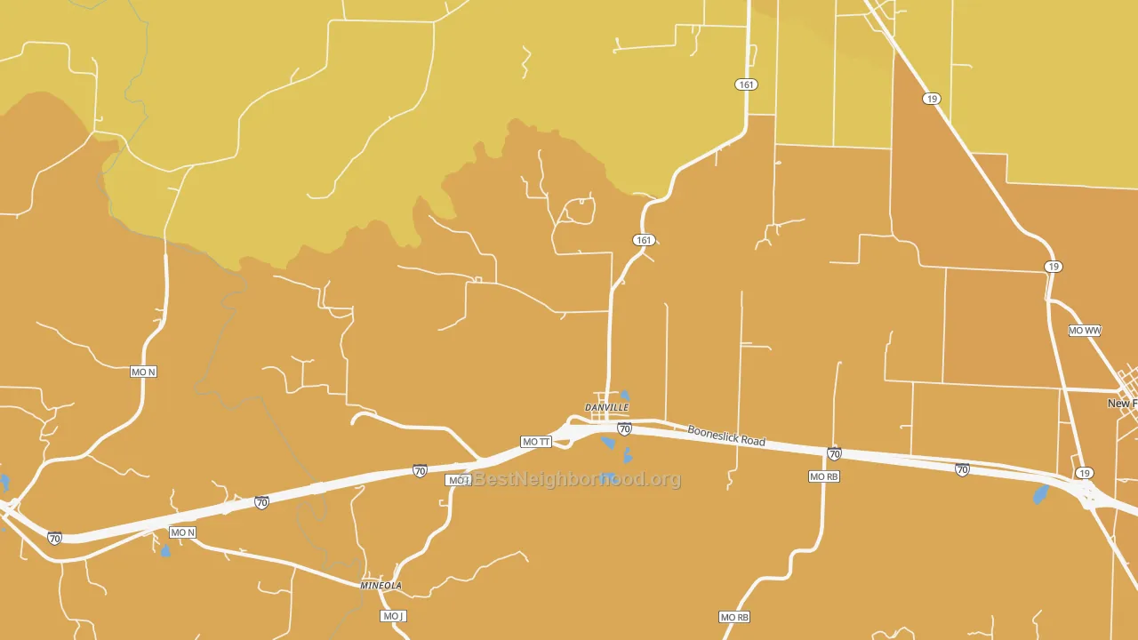 Map of the best neighborhoods in the Danville area, with better matches in green and worse matches in red