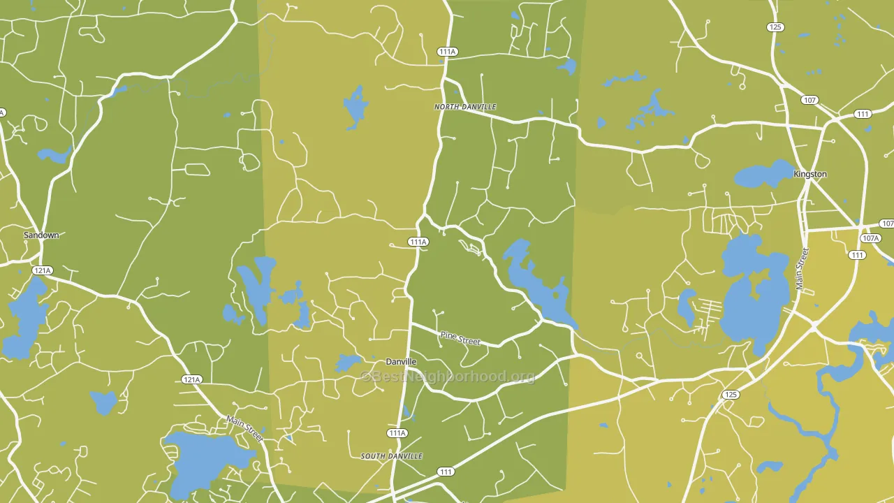 Map of the best neighborhoods in the Danville area, with better matches in green and worse matches in red