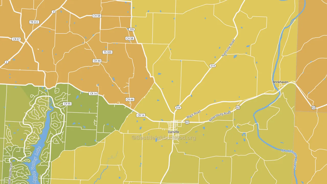 Map of the best neighborhoods in the Danville area, with better matches in green and worse matches in red