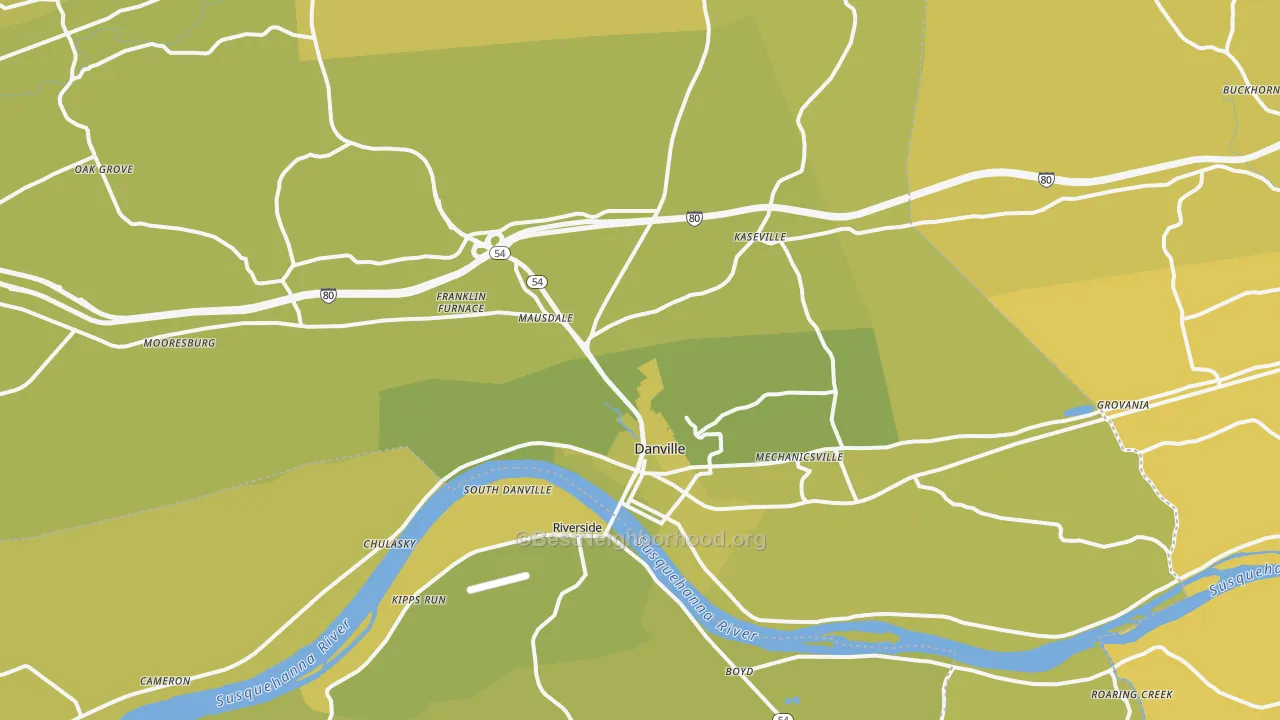 Map of the best neighborhoods in the Danville area, with better matches in green and worse matches in red
