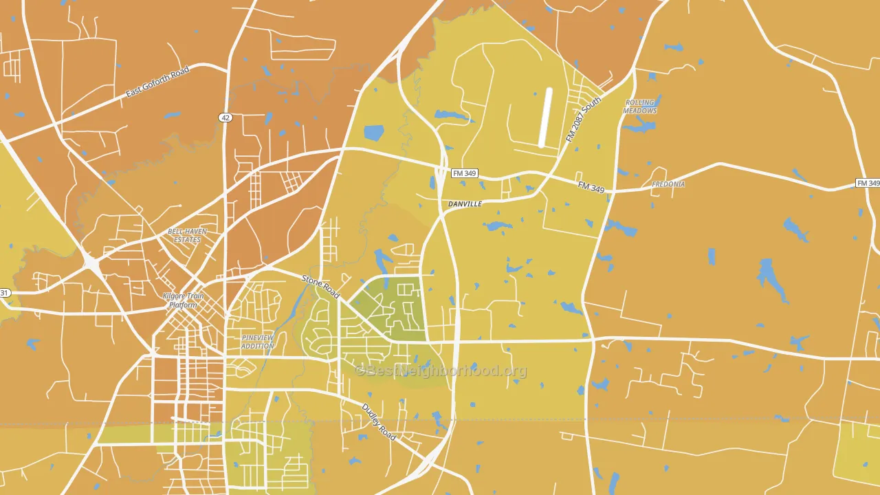 Map of the best neighborhoods in the Danville area, with better matches in green and worse matches in red