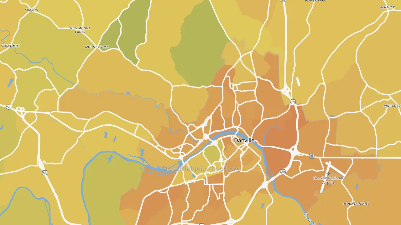 Map of the best neighborhoods in the Danville area, with better matches in green and worse matches in red