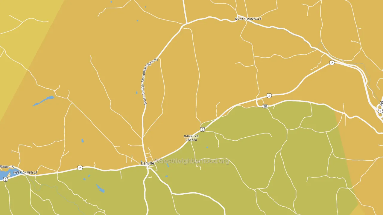 Map of the best neighborhoods in the Danville area, with better matches in green and worse matches in red