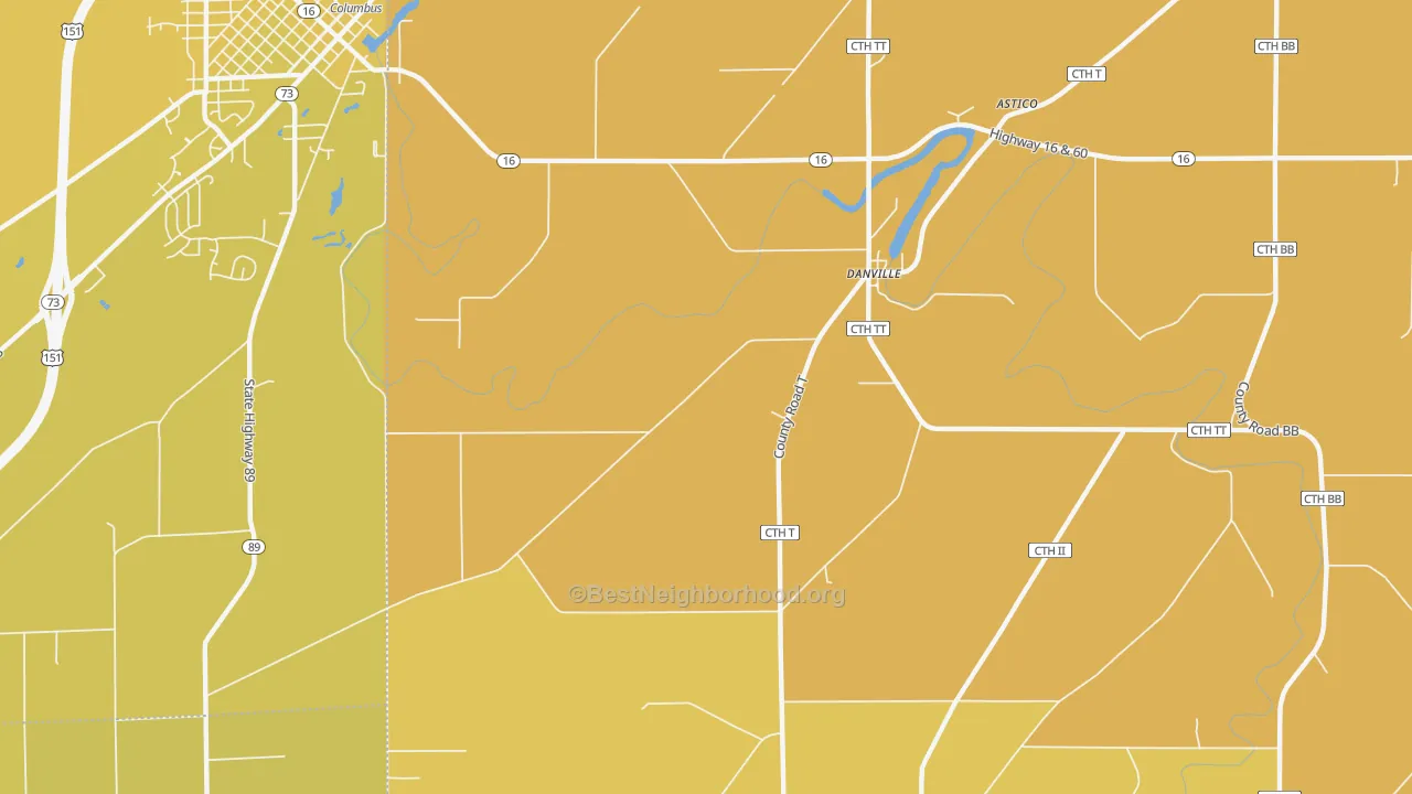 Map of the best neighborhoods in the Danville area, with better matches in green and worse matches in red