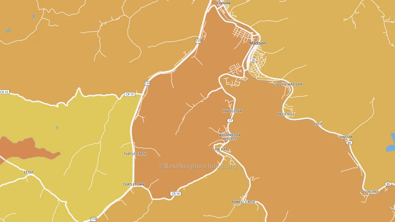 Map of the best neighborhoods in the Danville area, with better matches in green and worse matches in red