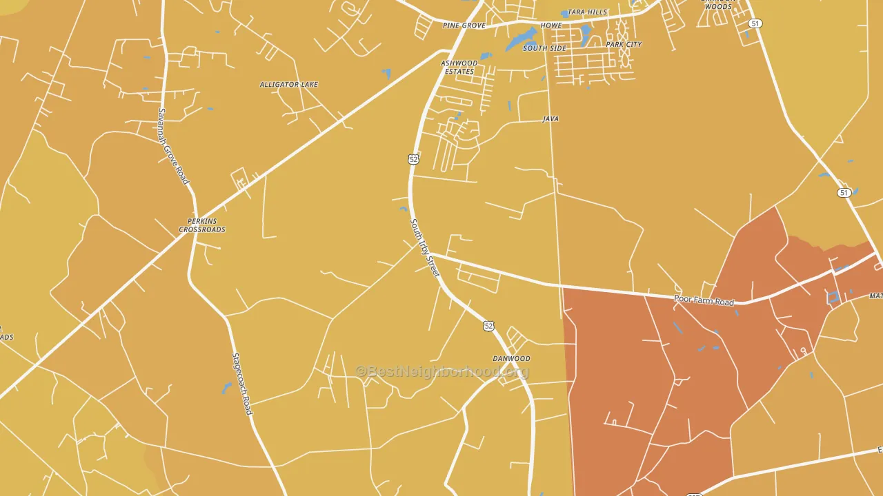 Map of the best neighborhoods in the Danwood area, with better matches in green and worse matches in red