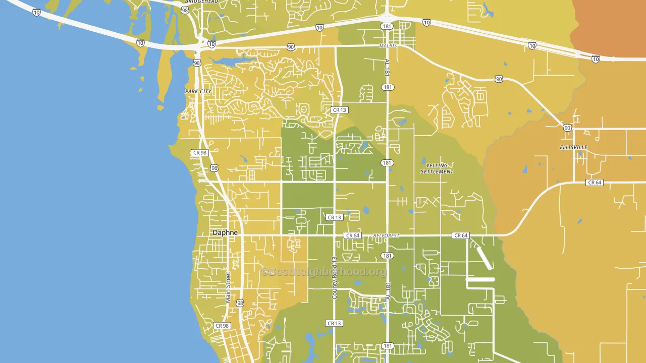Map of the best neighborhoods in the Daphne Metro area, with better matches in green and worse matches in red