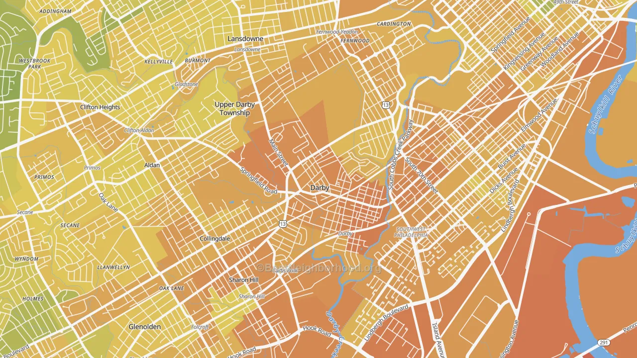 Map of the best neighborhoods in the Darby area, with better matches in green and worse matches in red