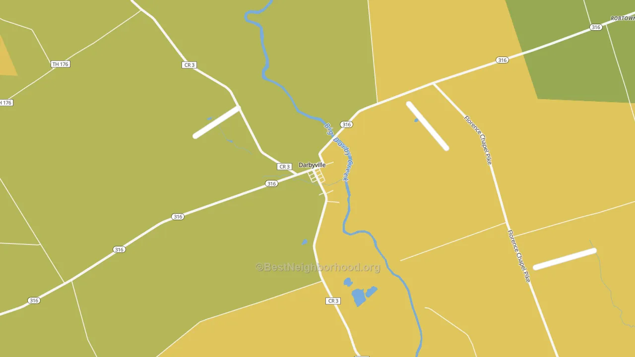 Map of the best neighborhoods in the Darbyville area, with better matches in green and worse matches in red