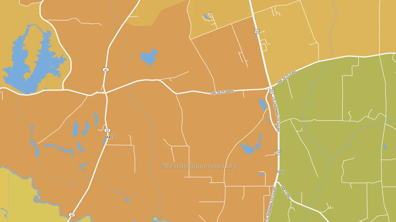 Map of the best neighborhoods in the Darco area, with better matches in green and worse matches in red