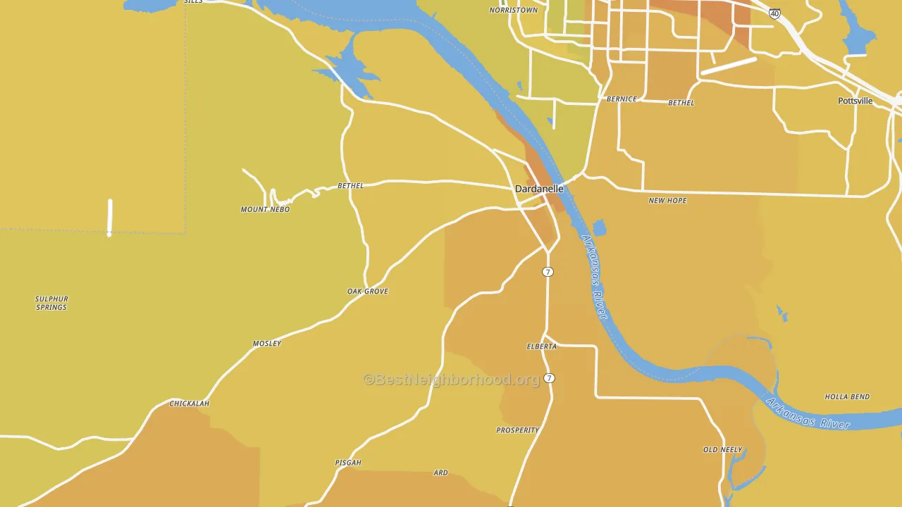 Map of the best neighborhoods in the Dardanelle area, with better matches in green and worse matches in red