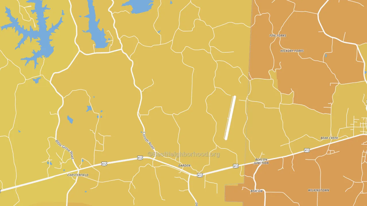 Map of the best neighborhoods in the Darden area, with better matches in green and worse matches in red