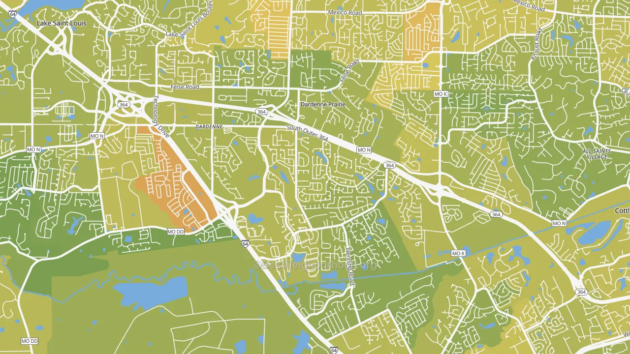 Map of the best neighborhoods in the Dardenne Prairie area, with better matches in green and worse matches in red