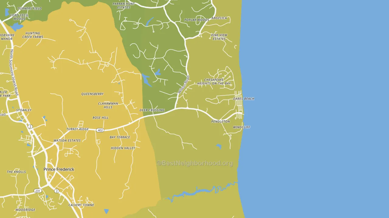 Map of the best neighborhoods in the Dares Beach area, with better matches in green and worse matches in red