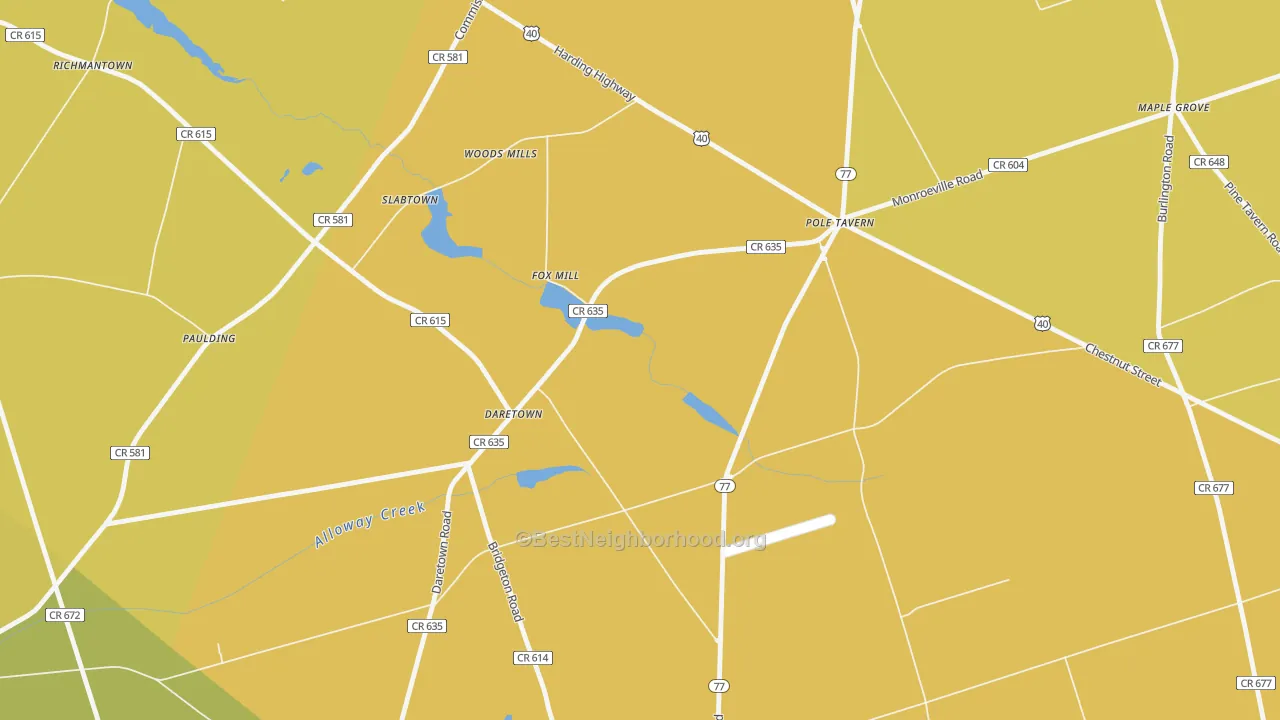 Map of the best neighborhoods in the Daretown area, with better matches in green and worse matches in red