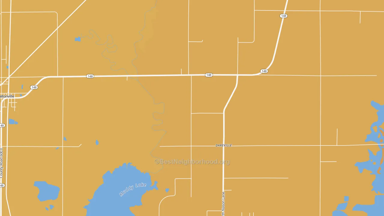 Map of the best neighborhoods in the Dareville area, with better matches in green and worse matches in red