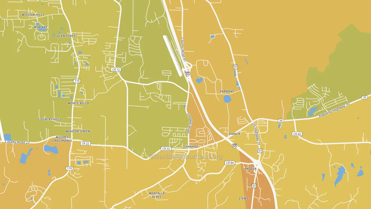 Map of the best neighborhoods in the Dargin area, with better matches in green and worse matches in red