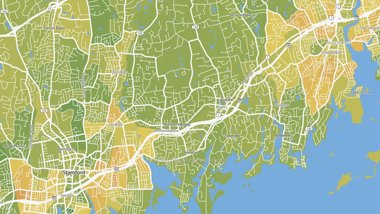 Map of the best neighborhoods in the Darien area, with better matches in green and worse matches in red