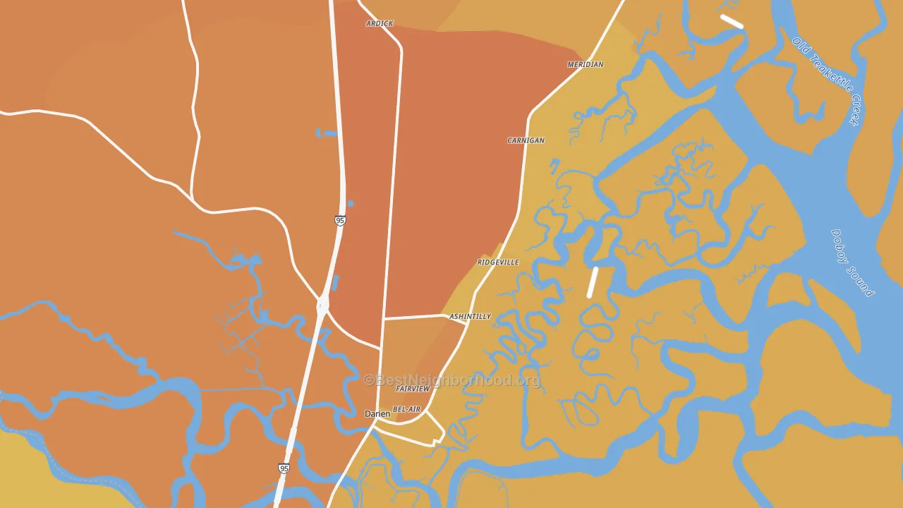 Map of the best neighborhoods in the Darien area, with better matches in green and worse matches in red