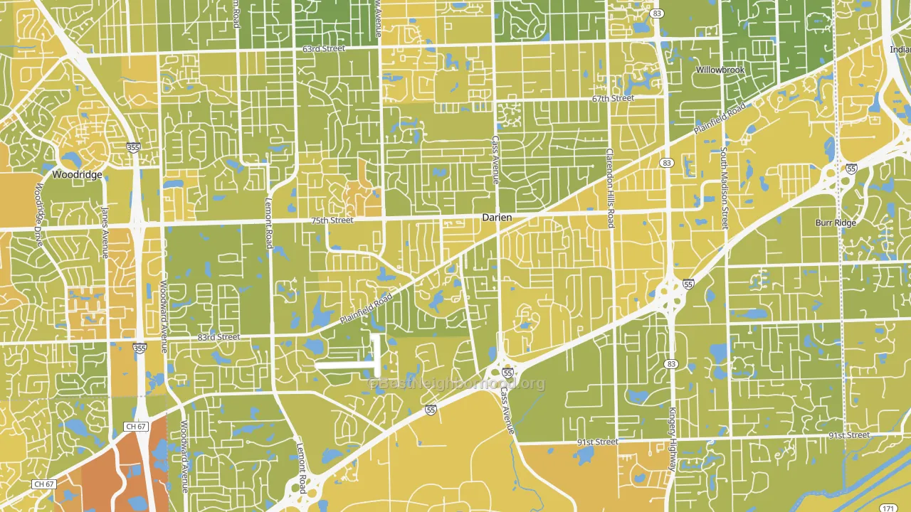 Map of the best neighborhoods in the Darien area, with better matches in green and worse matches in red