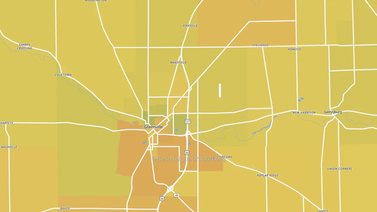 Map of the best neighborhoods in the Darke County area, with better matches in green and worse matches in red