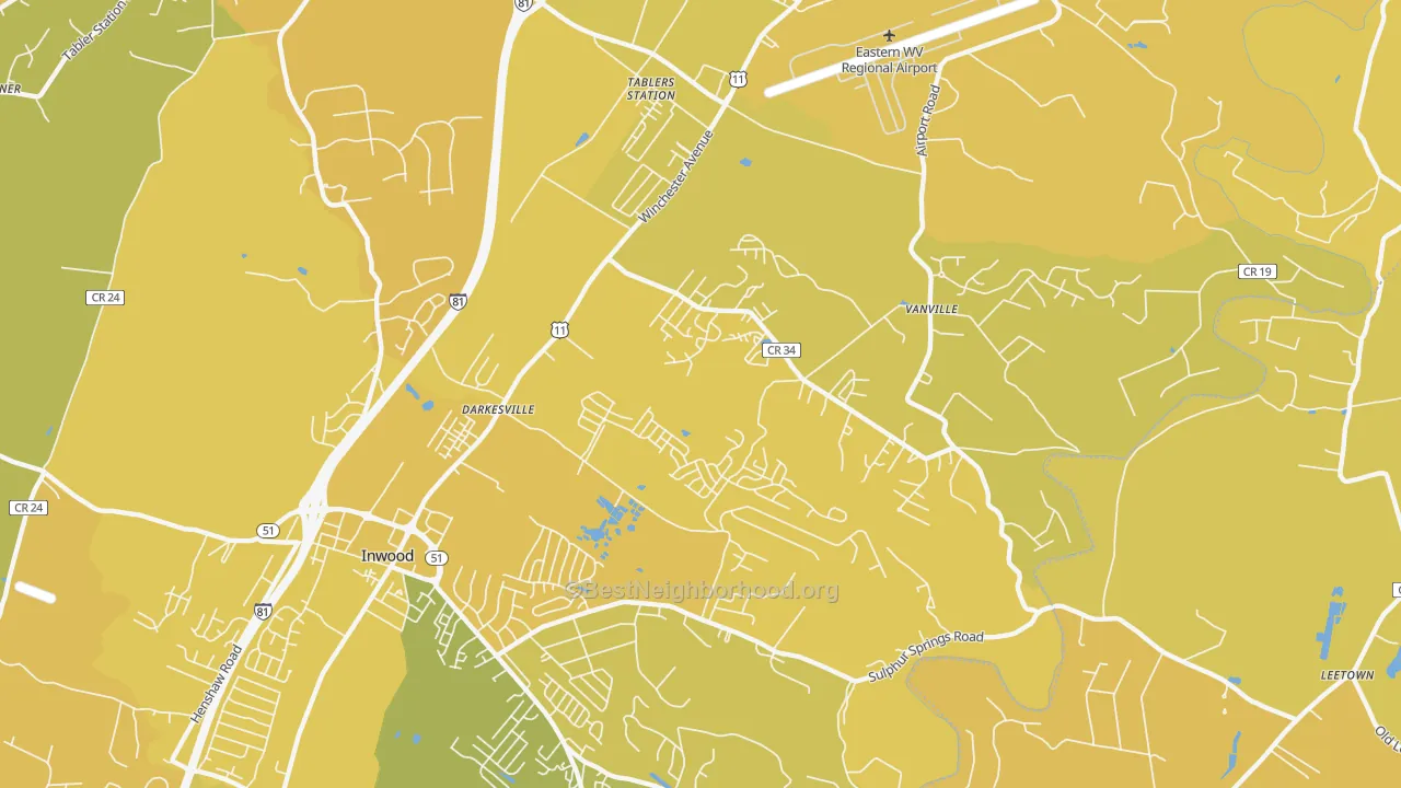 Map of the best neighborhoods in the Darkesville, Inwood area, with better matches in green and worse matches in red