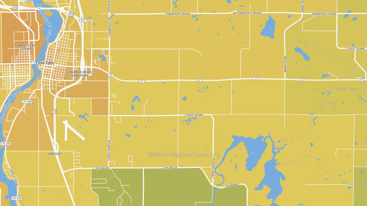 Map of the best neighborhoods in the Darling area, with better matches in green and worse matches in red