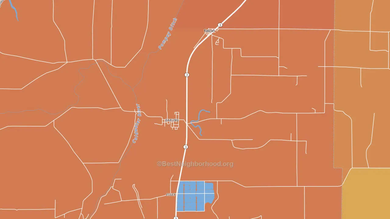 Map of the best neighborhoods in the Darling area, with better matches in green and worse matches in red