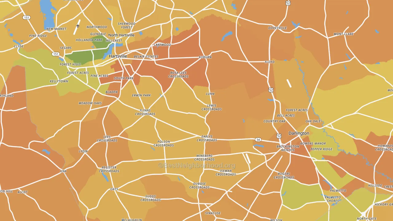 Map of the best neighborhoods in the Darlington County area, with better matches in green and worse matches in red