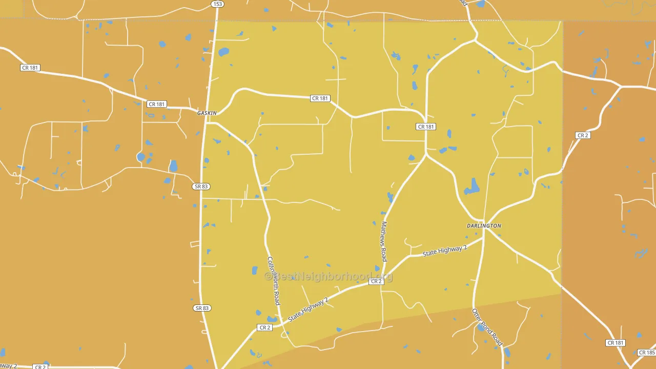 Map of the best neighborhoods in the Darlington area, with better matches in green and worse matches in red