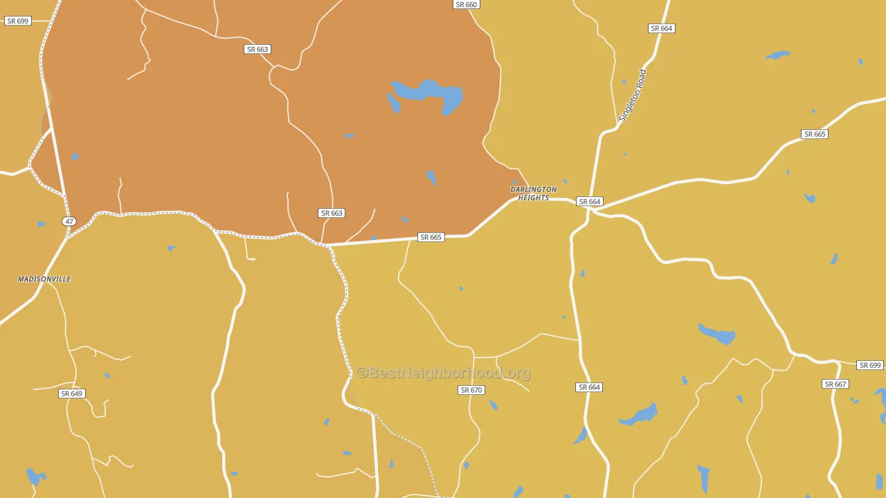 Map of the best neighborhoods in the Darlington Heights area, with better matches in green and worse matches in red