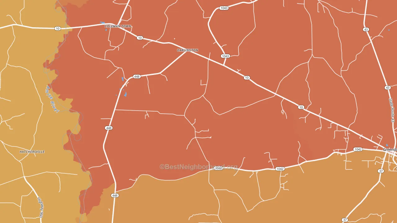 Map of the best neighborhoods in the Darlington area, with better matches in green and worse matches in red