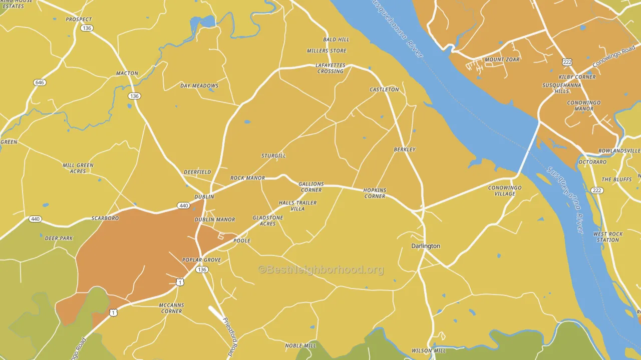 Map of the best neighborhoods in the Darlington area, with better matches in green and worse matches in red