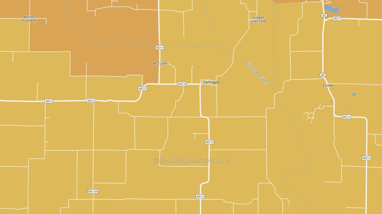 Map of the best neighborhoods in the Darlington area, with better matches in green and worse matches in red