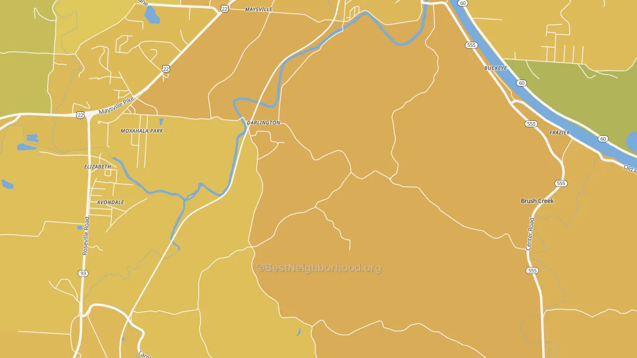 Map of the best neighborhoods in the Darlington area, with better matches in green and worse matches in red