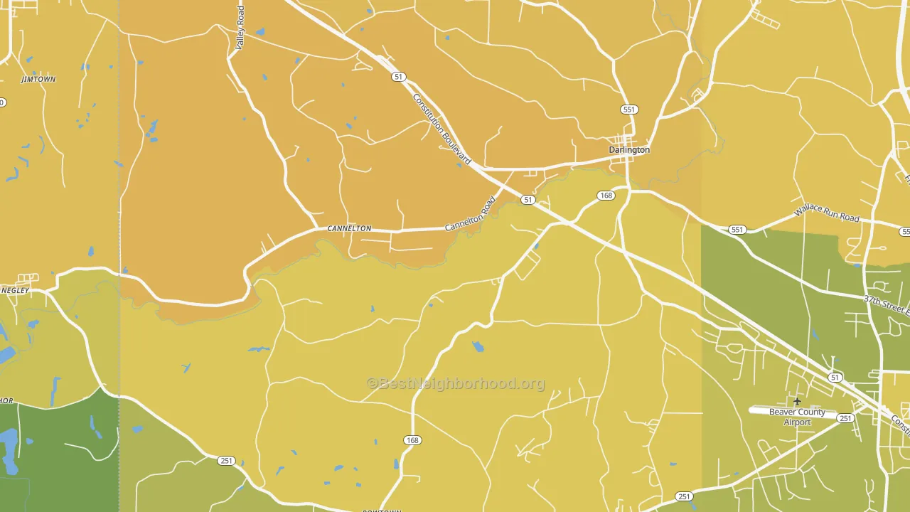 Map of the best neighborhoods in the Darlington area, with better matches in green and worse matches in red