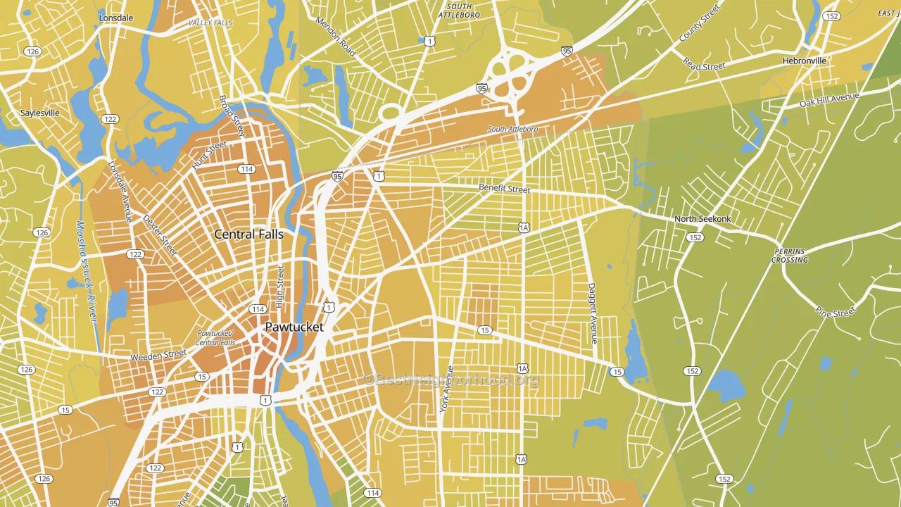 Map of the best neighborhoods in the Darlington, Pawtucket area, with better matches in green and worse matches in red