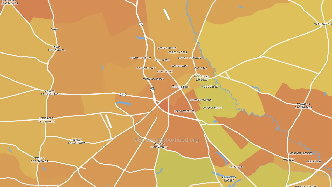 Map of the best neighborhoods in the Darlington area, with better matches in green and worse matches in red
