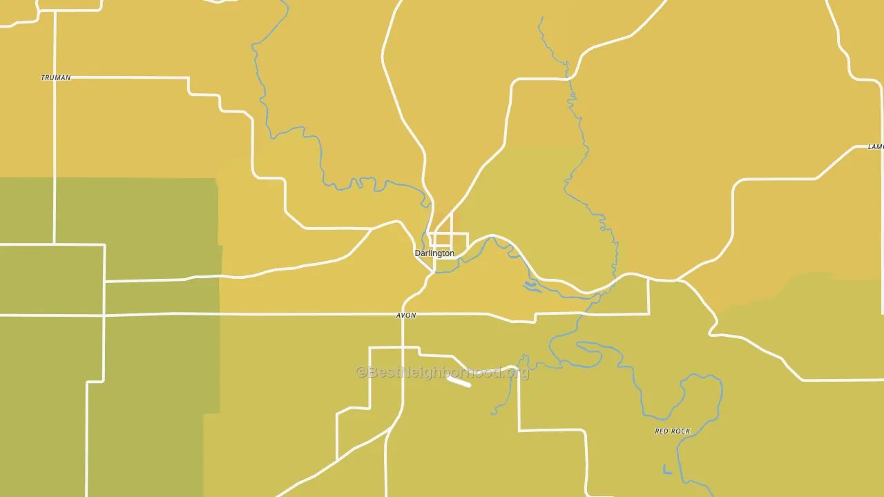 Map of the best neighborhoods in the Darlington area, with better matches in green and worse matches in red