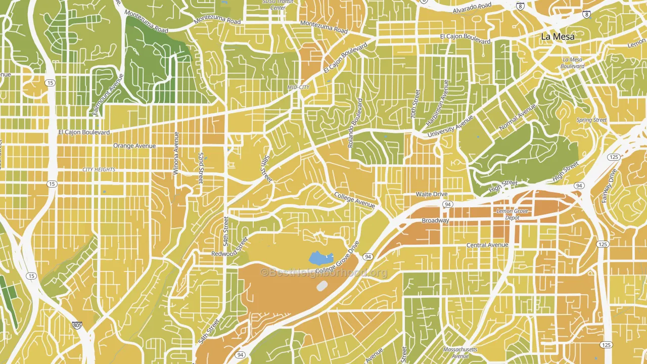 Map of the best neighborhoods in the Darnall, San Diego area, with better matches in green and worse matches in red