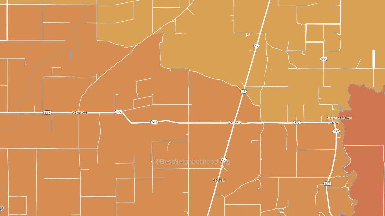 Map of the best neighborhoods in the Darnell area, with better matches in green and worse matches in red