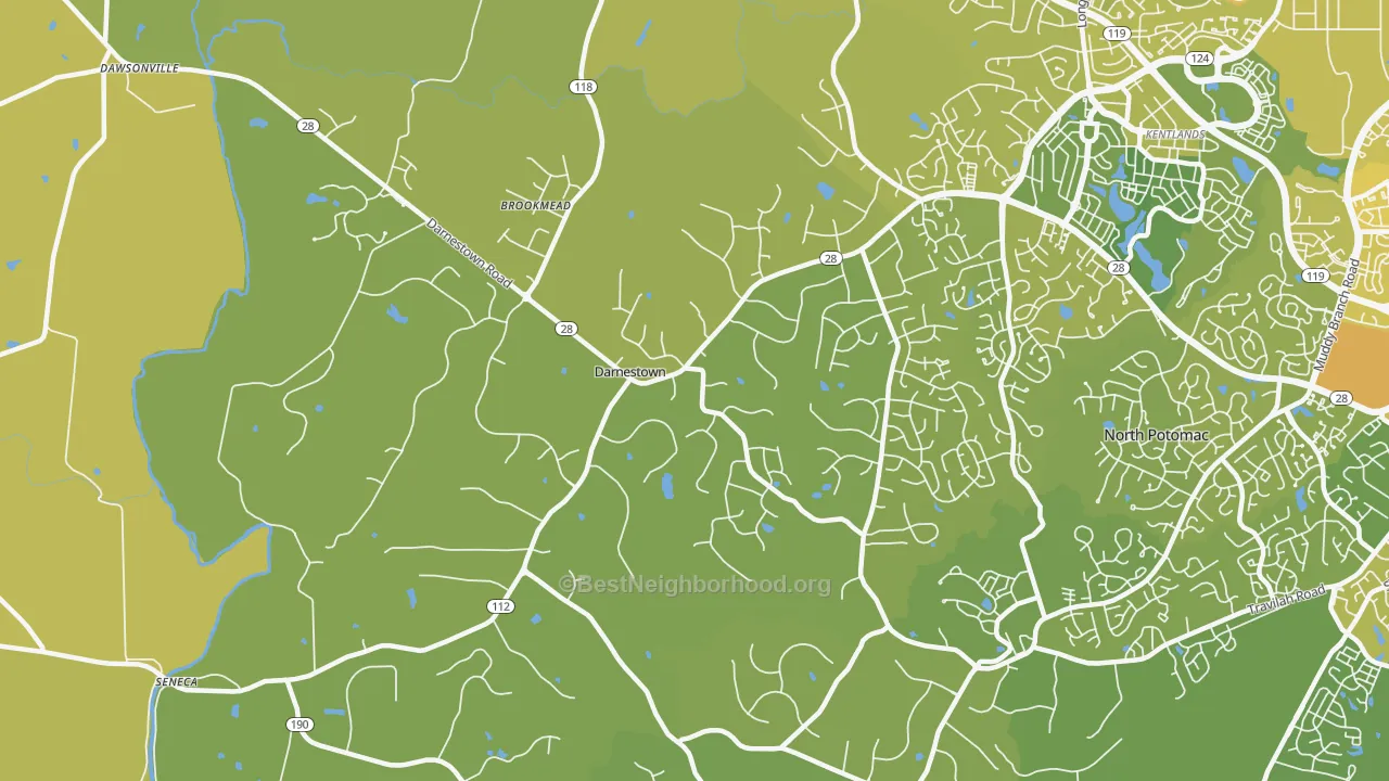 Map of the best neighborhoods in the Darnestown, Gaithersburg area, with better matches in green and worse matches in red