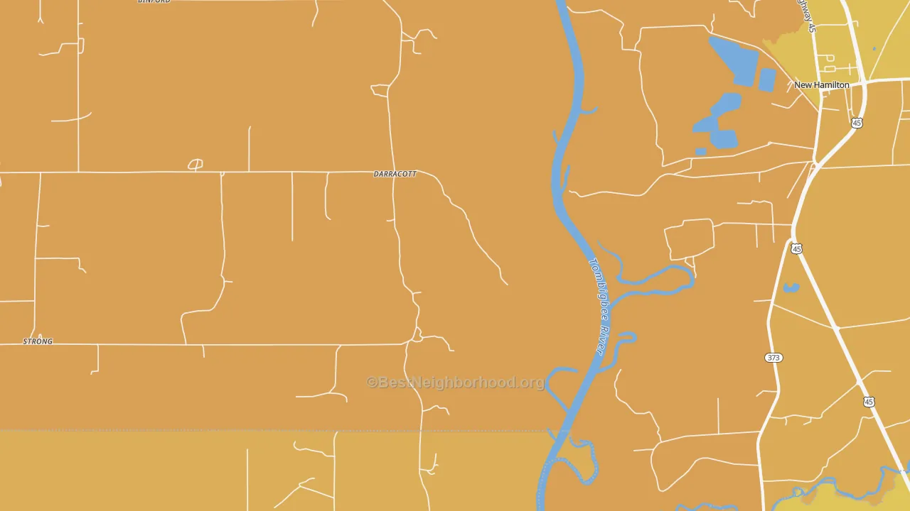 Map of the best neighborhoods in the Darracott area, with better matches in green and worse matches in red