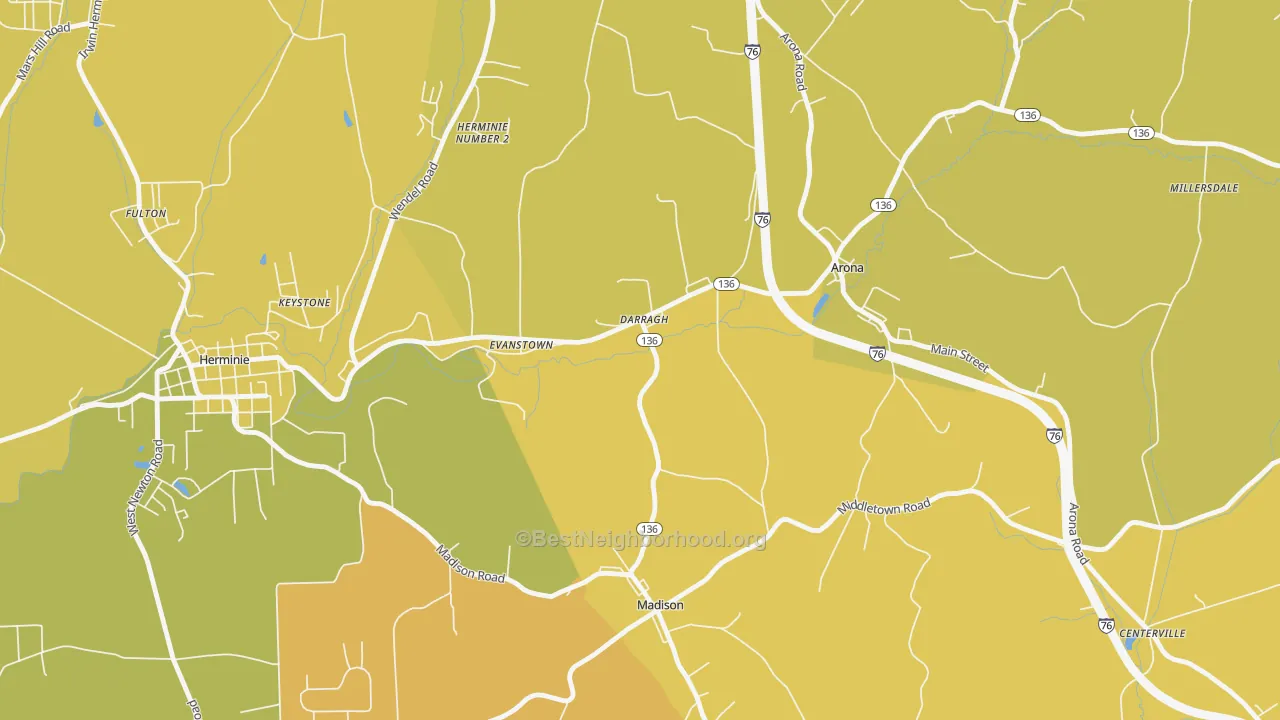 Map of the best neighborhoods in the Darragh area, with better matches in green and worse matches in red