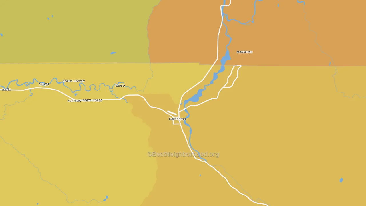 Map of the best neighborhoods in the Darrington area, with better matches in green and worse matches in red